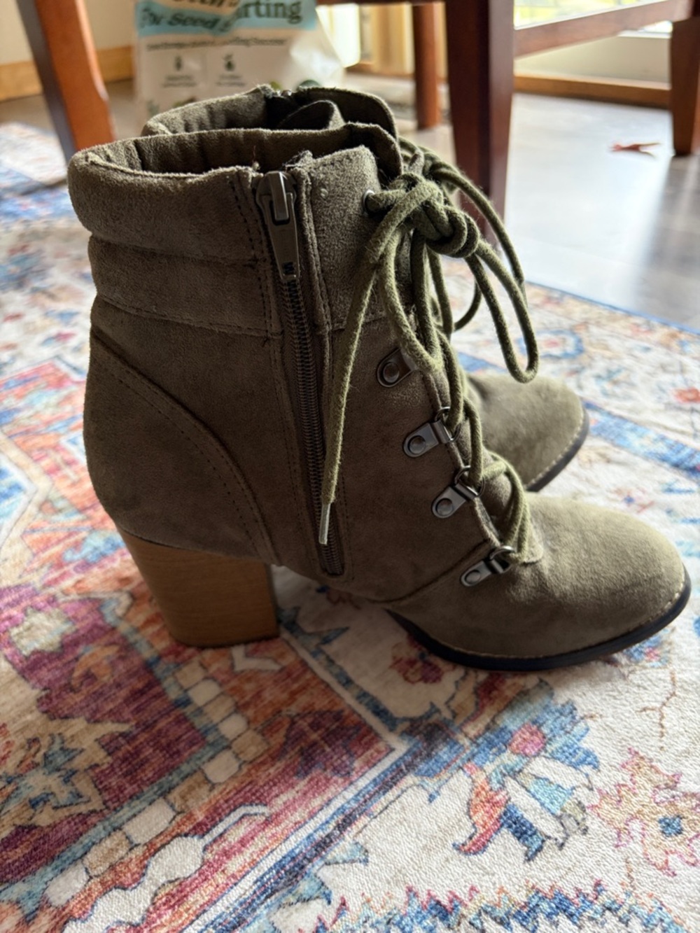 Candie's Olive Green Suede Lace-Up Block Heel Ankle Boots